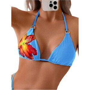 🆕Women Blue Bikini Top Metal Ring Triangle Backless Swimwear Bathing Suit Tops
